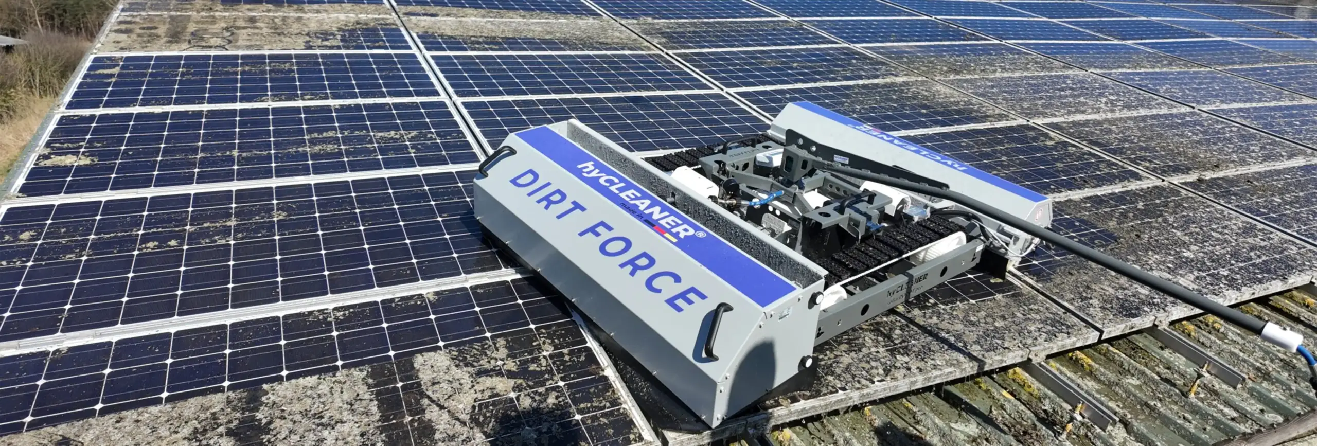 Reinigungsroboter DIRT FORCE entfernt Flechten auf einer PV-Anlage